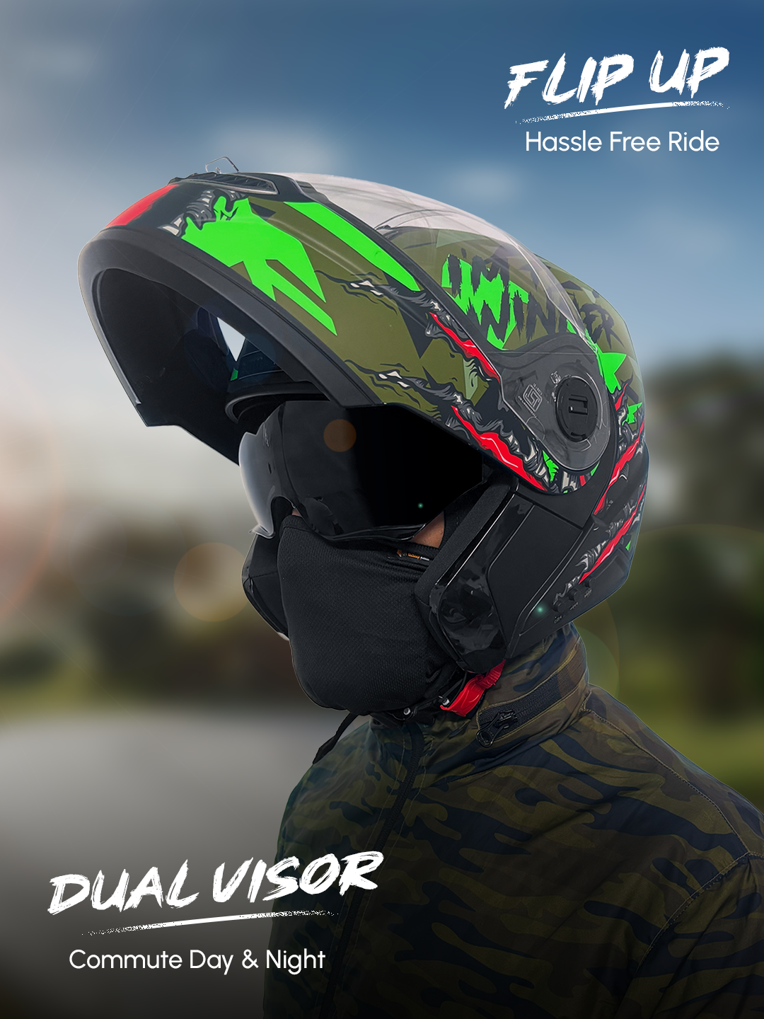 Headfox N2 Air Winner Green Smart Bluetooth Flip-up Double Visor