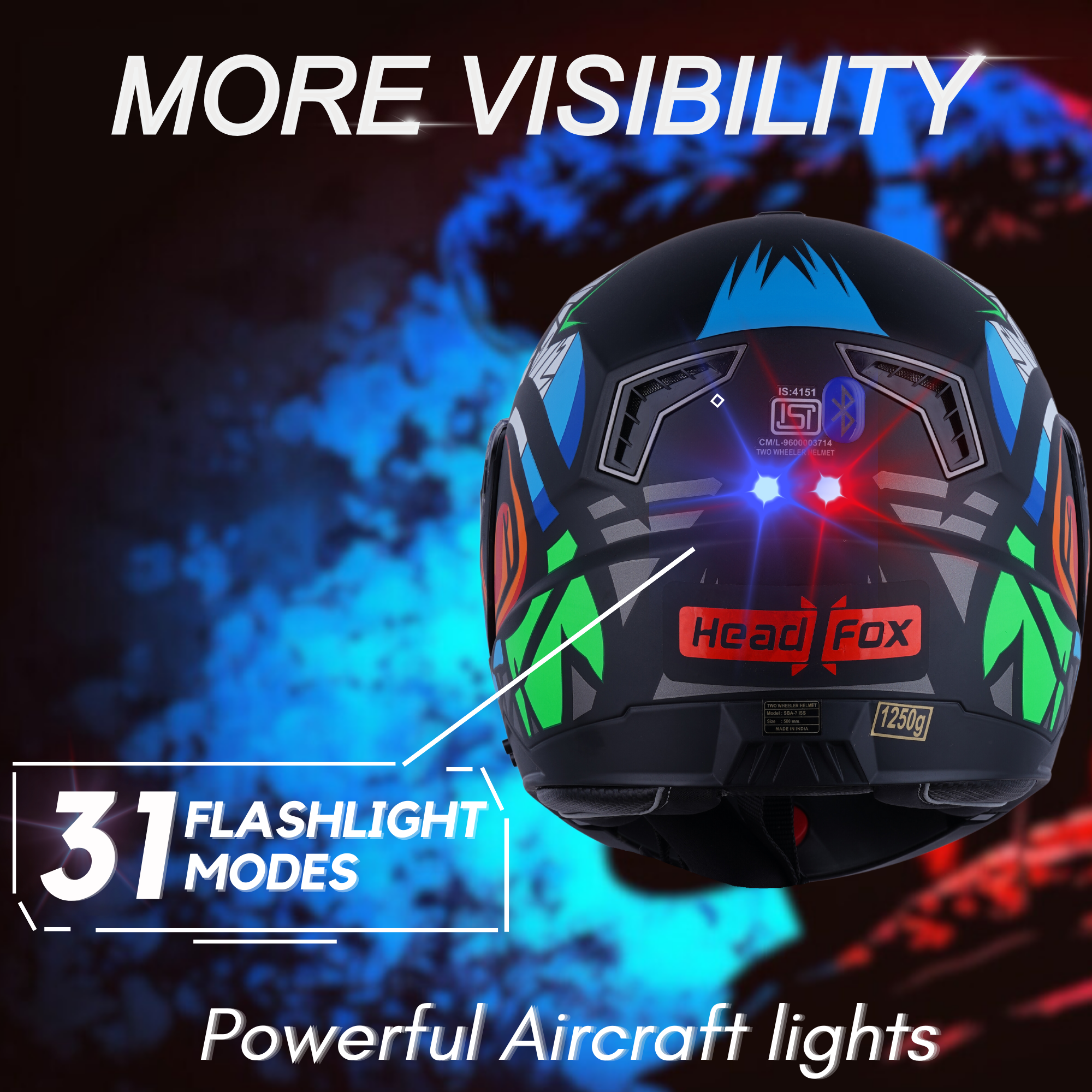 N2 FLASH Air Birdie Green Smart Bluetooth Flip-Up Double Visor Helmet