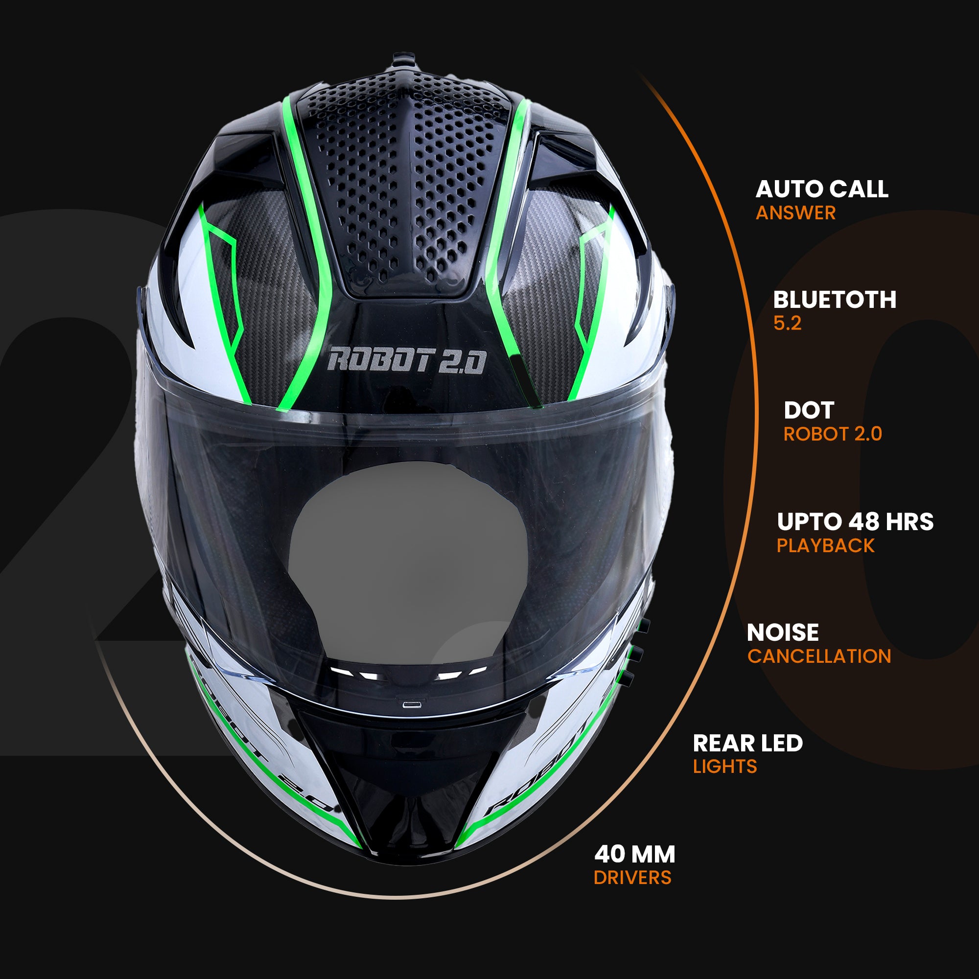 N2F ROBOT Smart Bluetooth Helmet for Men: Calls, ENC, Music, GPS, Voice Asst, SV (Glossy Green)