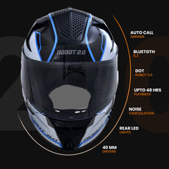 N2F ROBOT Smart Bluetooth Helmet for Men: Calls, ENC, Music, GPS, Voice Asst, SV (Glossy Blue)