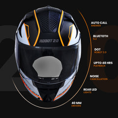 N2F ROBOT Smart Bluetooth Helmet for Men: Calls, ENC, Music, GPS, Voice Asst, SV (Glossy Orange)