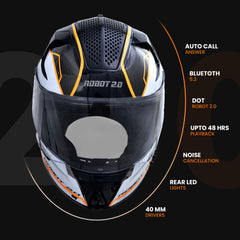 N2F ROBOT Smart Bluetooth Helmet for Men: Calls, ENC, Music, GPS, Voice Asst, SV (Matte Orange)
