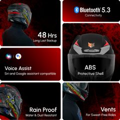 HEADFOX N2 Flash Shady Smart Bluetooth Full Face Helmet for Man & Women for Sports Bike with Aircraft Light, Noise Cancellation, Voice Assistance & GPS (Matte Red)