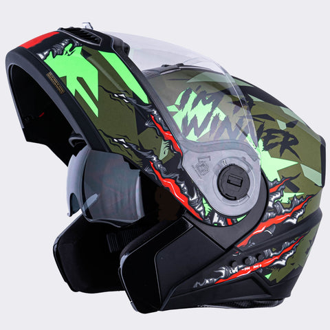 N2 Air Winner Green Smart Bluetooth Flip-up Double Visor Helmet